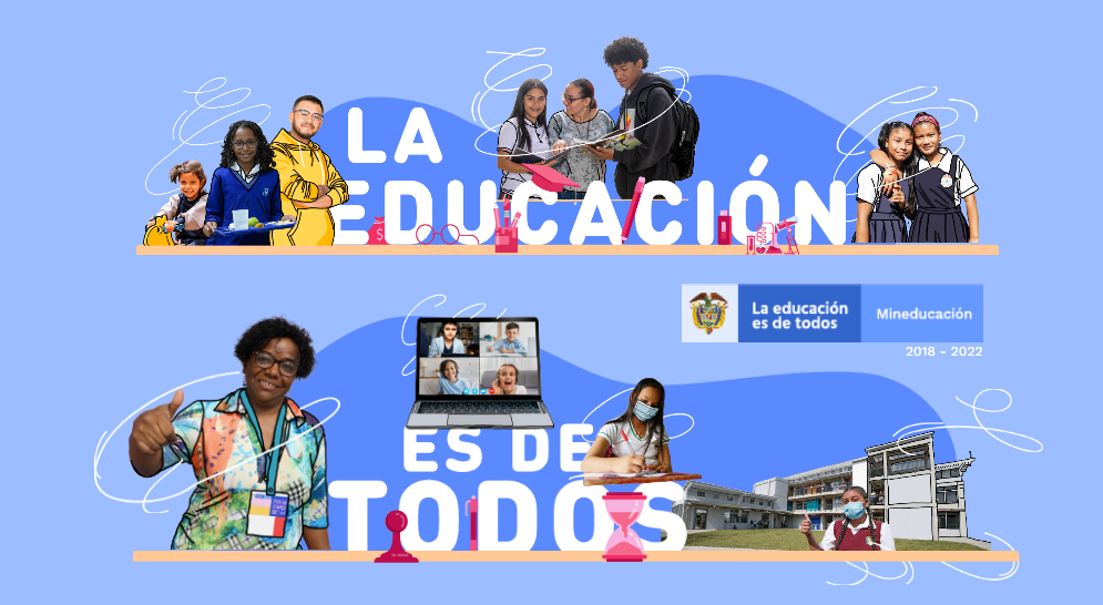 Imagen con título La educación es de todos y personas del sector educativo alrededor, institución educativa y recursos tecnológicos